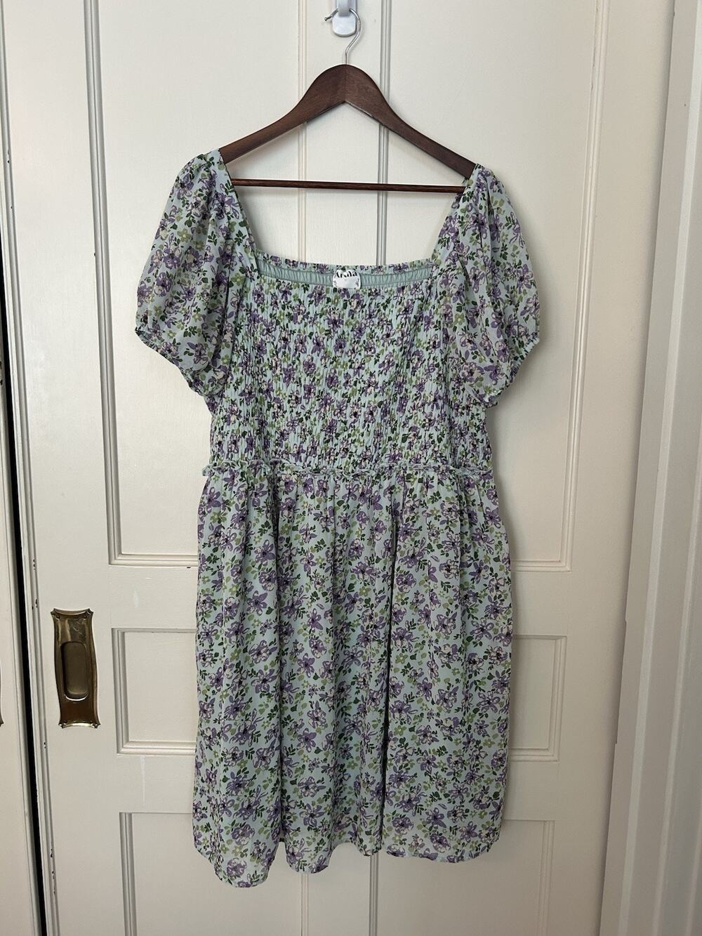 Arula Floral Smocked Peasant Midi Dress Womens Size C or 3X Green Purple Flirty